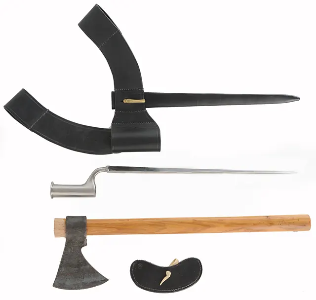 Accessories for Officer's Light Infantry, 
tomahawk, bayonet, cartridge box, belt, sling, used
